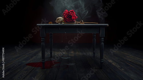 Surreal Cinematic Scene of Dark Table with Red Rose and Water Droplets in Low Light Atmosphere