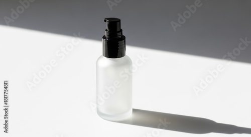 Minimalist product photo of a frosted glass bottle with a black pump dispenser placed on a white surface. Strong directional lighting creates a long shadow, highlighting clean and modern cosmetic pack