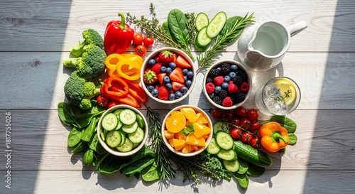 Fresh assortment of colorful fruits and vegetables arranged neatly on a wooden table, including berries, cucumbers, peppers, broccoli, and leafy greens. Bright natural lighting enhances the vibrant co