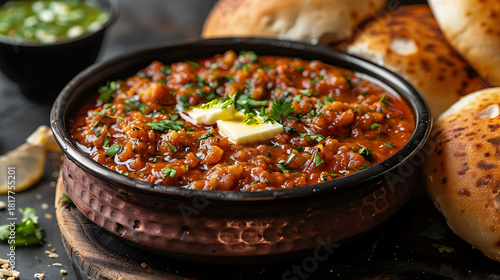 Close-up image of spicy pav bhaji served with butter, ideal for Indian street food searches, recipes, and flavorful meal inspiration.
