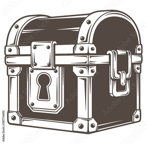 Detailed illustration of an antique wooden treasure chest with secure metal hardware and keyhole.