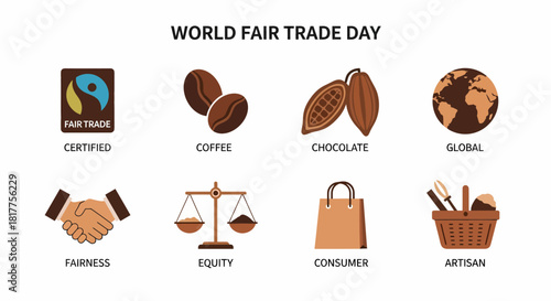 World Fair Trade Day icons illustrating certification coffee chocolate global reach fairness equity consumer and artisan goods