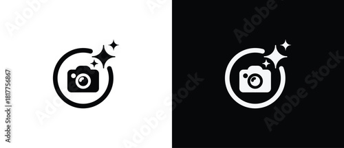 A circular AI camera symbol. An AI engineered app icon. A flat, sparkling star. An AI star logo. Digital brain, media, multimedia, buttons.