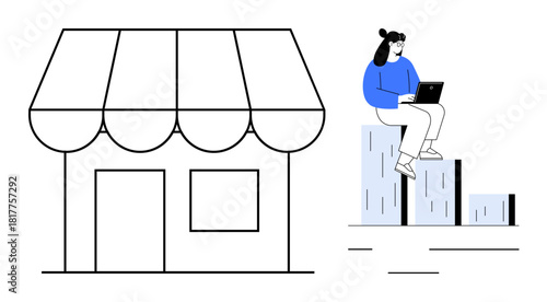 Shopfront with striped awning alongside a woman sitting on a growing bar chart while using a laptop. Ideal for business growth, small business, entrepreneurship, e-commerce, online marketing