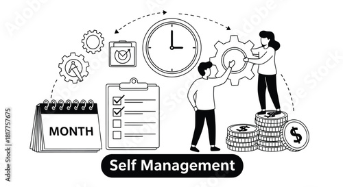 Self Management Illustration - Time, Tasks, and Teamwork for Success.
