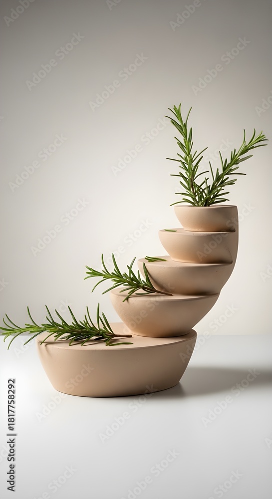 Fototapeta premium Minimalist still life of wooden bowls and rosemary sprigs emphasizing natural textures and warm tones for a calming aesthetic