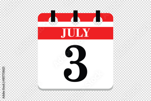3 July Calendar icon vector, 3 dates of July month calendar icon, dates of July 3 icon calendar, vector calendar icon.