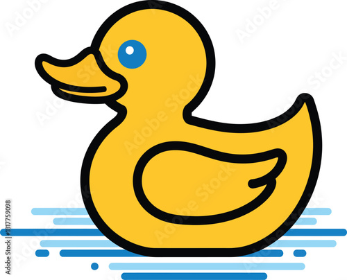 A simple stylized illustration of a yellow rubber duck with a blue eye and a bold black outline.
