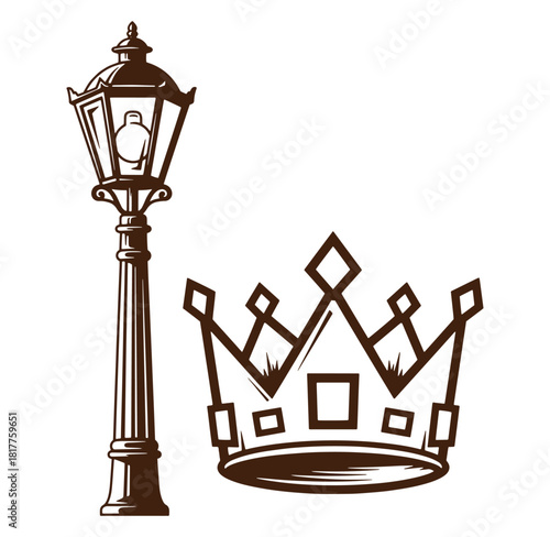 Elegant vintage illustration featuring a street lamp and a royal crown on a white background