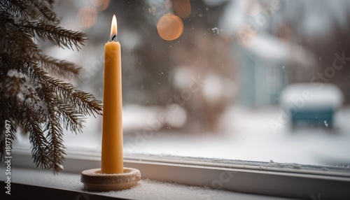 Tall yellow taper candle illuminates a window ledge covered in snow during winter