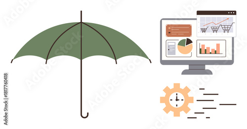Green umbrella symbolizing protection next to monitor showcasing charts, analytics, and shopping data with a gear signifying time management. Ideal for business, insurance, e-commerce, analysis