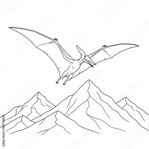 Pterodactyl flying above mountains. Black and white line art coloring page of prehistoric flying reptile.