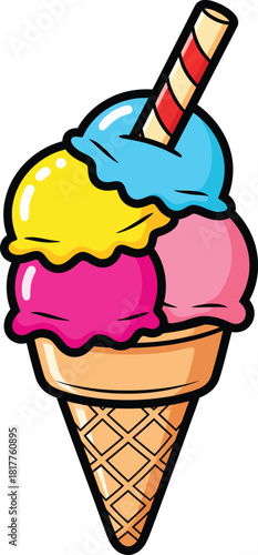 Colorful cartoon ice cream cone with four vibrant scoops and a striped wafer stick.