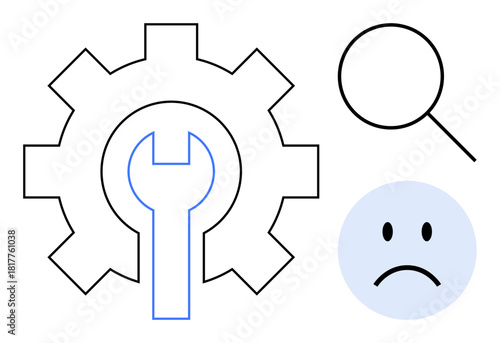 Maintenance concept. Gear, wrench, and magnifying glass symbolize maintenance and troubleshooting challenges. Maintenance simplifies problem-solving processes and system repairs. For tools