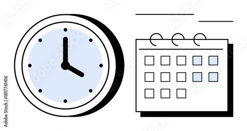 Analog clock and grid calendar represent time tracking, planning, and organization. Ideal for time management, productivity, scheduling, deadlines, appointments, events simple flat metaphor