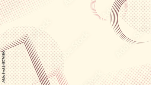 Minimalist geometric halftone background with beige/pink gradient and subtle dots. Features corner lines and rings with copy space. Ideal for corporate femininity, wedding, or luxury product branding.