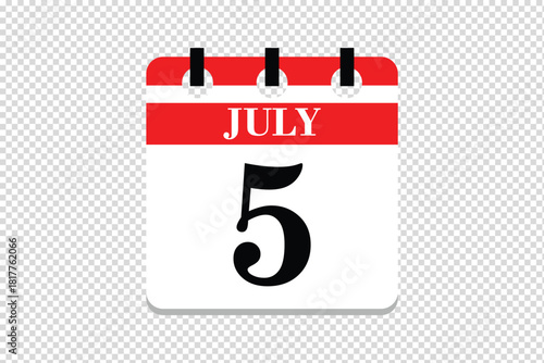 5 July Calendar icon vector, 5 dates of July month calendar icon, dates of July 5 icon calendar, vector calendar icon.