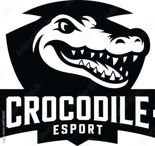 Ferocious crocodile esport logo design with sharp teeth and bold text