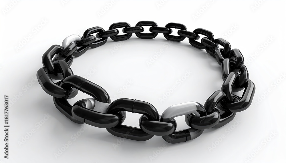 Fototapeta premium Black link chain, some links chrome, isolated on white