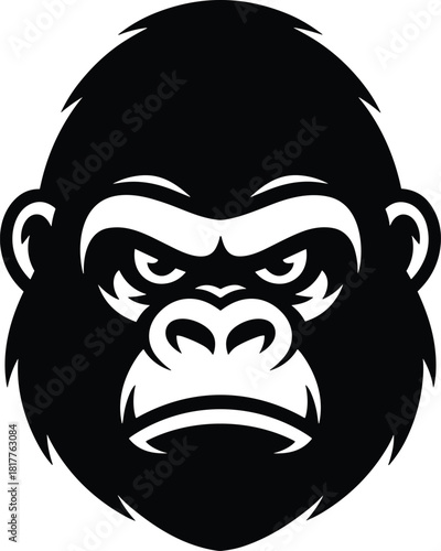 Fierce black and white gorilla head silhouette with intense stare