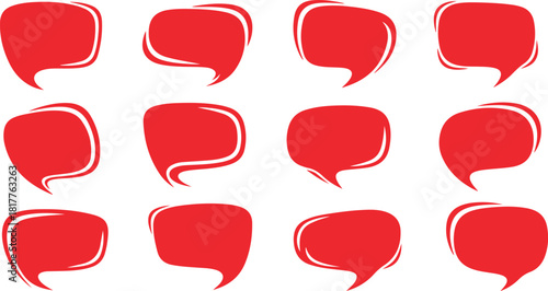 A vibrant collection of twelve red speech bubbles with a modern brushed outline, perfect for representing conversation and dialogue in graphic design
