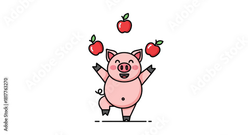A cartoon pig juggling three red apples with a happy expression on a white background.