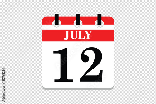 12 July Calendar icon vector, 12 dates of July month calendar icon, dates of July 12 icon calendar, vector calendar icon.