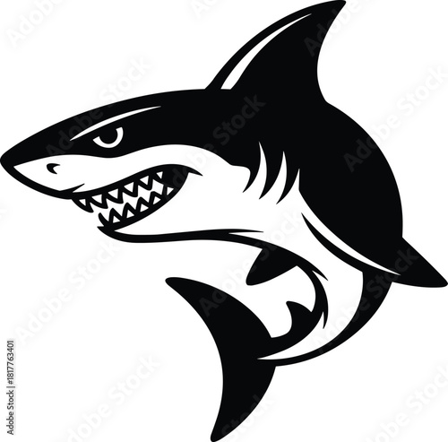 Fierce black and white illustration of a shark with sharp teeth and determined eyes