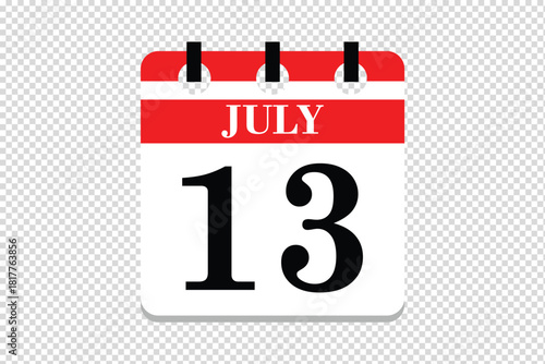 13 July Calendar icon vector, 13 dates of July month calendar icon, dates of July 13 icon calendar, vector calendar icon.