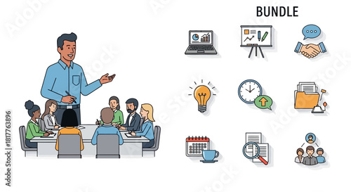Illustration of a business meeting with a presenter and icons representing business concepts.