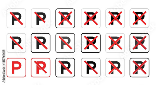 Multiple parking signs with red crosses indicating no parking allowed.