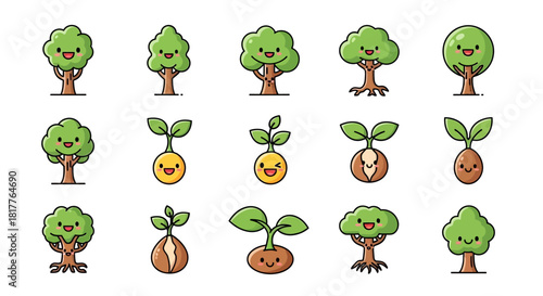 A collection of cute cartoon trees and sprouting seeds with smiling faces, showcasing various stages of plant growth.