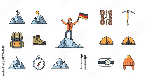 Collection of mountaineering icons, including a climber with a flag, gear, and mountain landscapes.