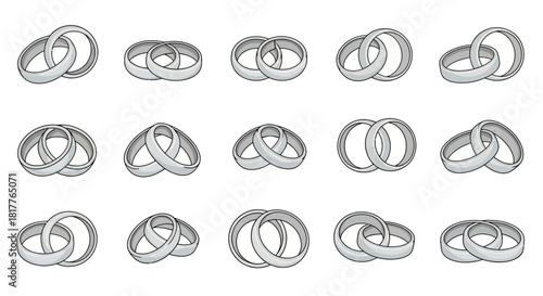 Collection of intertwined wedding rings in various orientations.