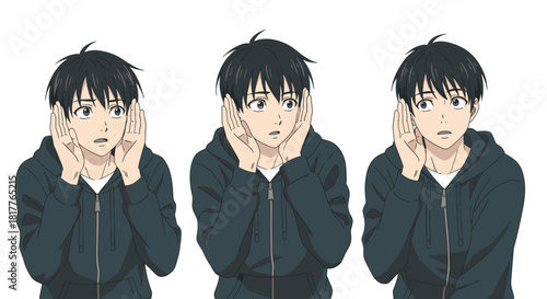 Set of three anime style young man expressions in a dark hoodie.