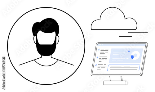 Headshot in circle, data visualization on monitor, and cloud icon linking technology. Ideal for digital identity, cloud storage, analytics, cybersecurity, user management, tech innovation simple