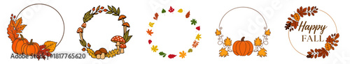 Autumn fall wreath frames with pumpkins and leaves. harvest circle borders for Thanksgiving