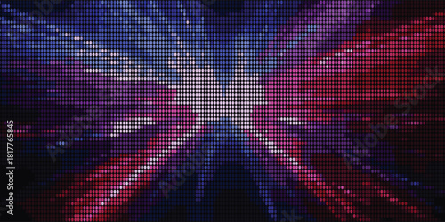 Dynamic abstract background featuring red, white, and blue streaks radiating in a Union Jack pattern, rendered in a halftone dot grid. Visualizes digital data explosion, UK patriotism.