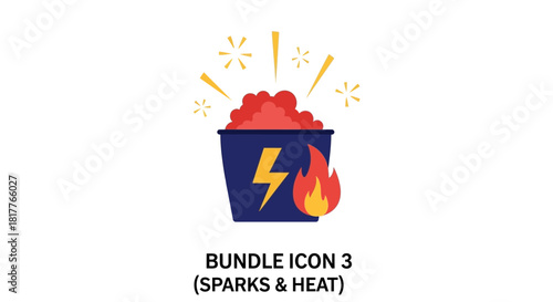 Illustration of a dark blue bucket with a lightning bolt and a flame, filled with red sparks.