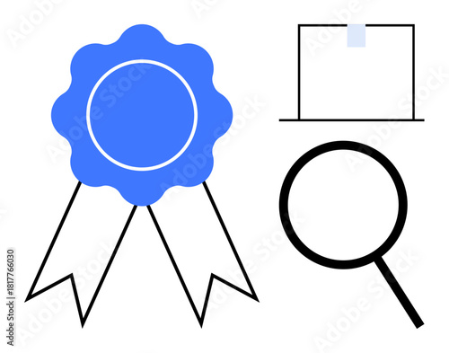 Blue award ribbon with two tails, magnifying glass for analysis, and checklist for tasks and goals. Ideal for achievement, quality, inspection, organization, success evaluation planning. Simple