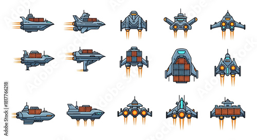 Various pixel art spaceships, each with unique designs and orientations, showcasing a retro aesthetic and potential for game development.