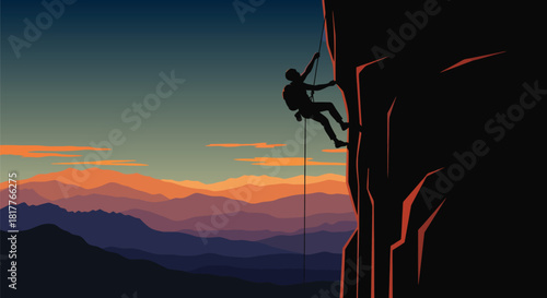 Silhouette of a climber rappelling down a steep rock face at sunset.