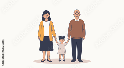 Illustration of a family with a mother, daughter, and grandfather standing together holding hands.