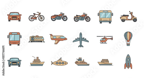 Collection of transportation icons including cars, bikes, planes, and boats.