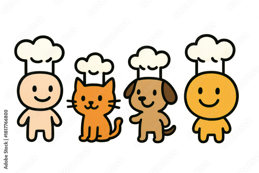 Naklejka premium Cartoon animal and character cooks smiling, wearing chef hats, cooking and friendship concept with transparent background