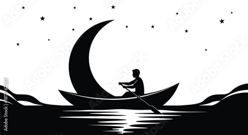 Silhouette of a Man Rowing Boat Under Crescent Moon at Night.