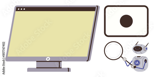 Robot with magnifying glass examining content on a computer monitor, symbolizing digital analysis, AI, data processing. Ideal for technology, research, innovation, automation, machine learning data