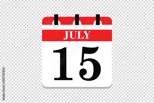 15 July Calendar icon vector, 15 dates of July month calendar icon, dates of July 15 icon calendar, vector calendar icon.