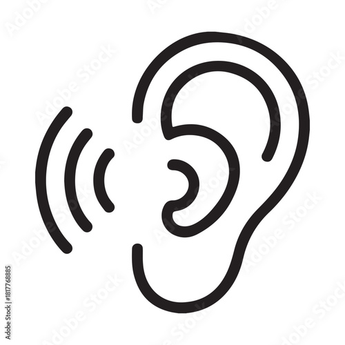 Simple outline icon of an ear with sound waves indicating hearing or listening