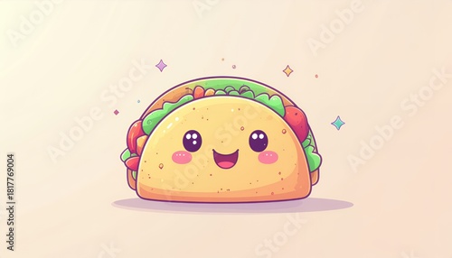 Adorable taco character with a happy smile, perfect for kids' menus, food blogs, and playful party invitations, bringing joy and deliciousness to any design